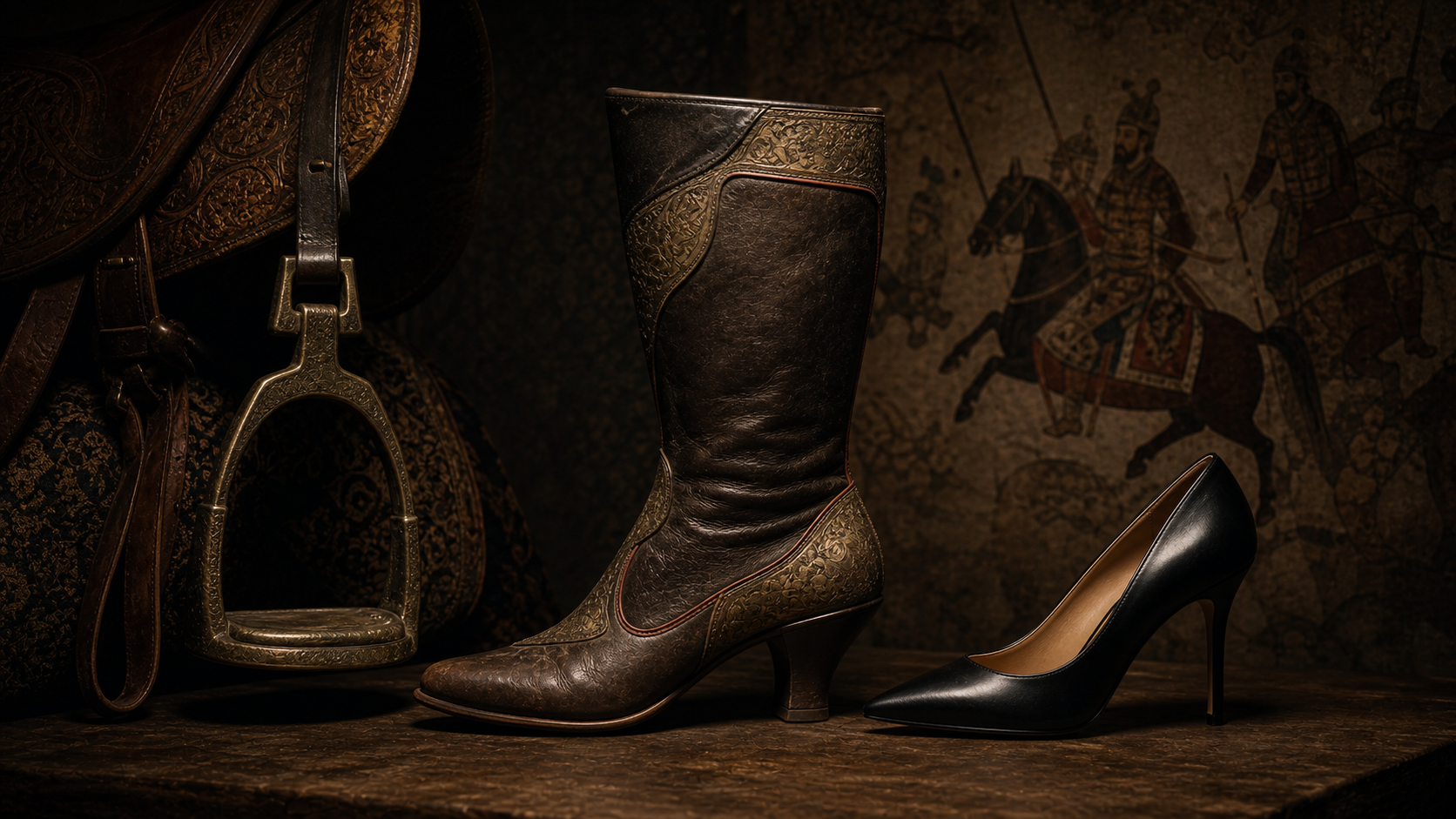 Heeled footwear began as a practical riding aid