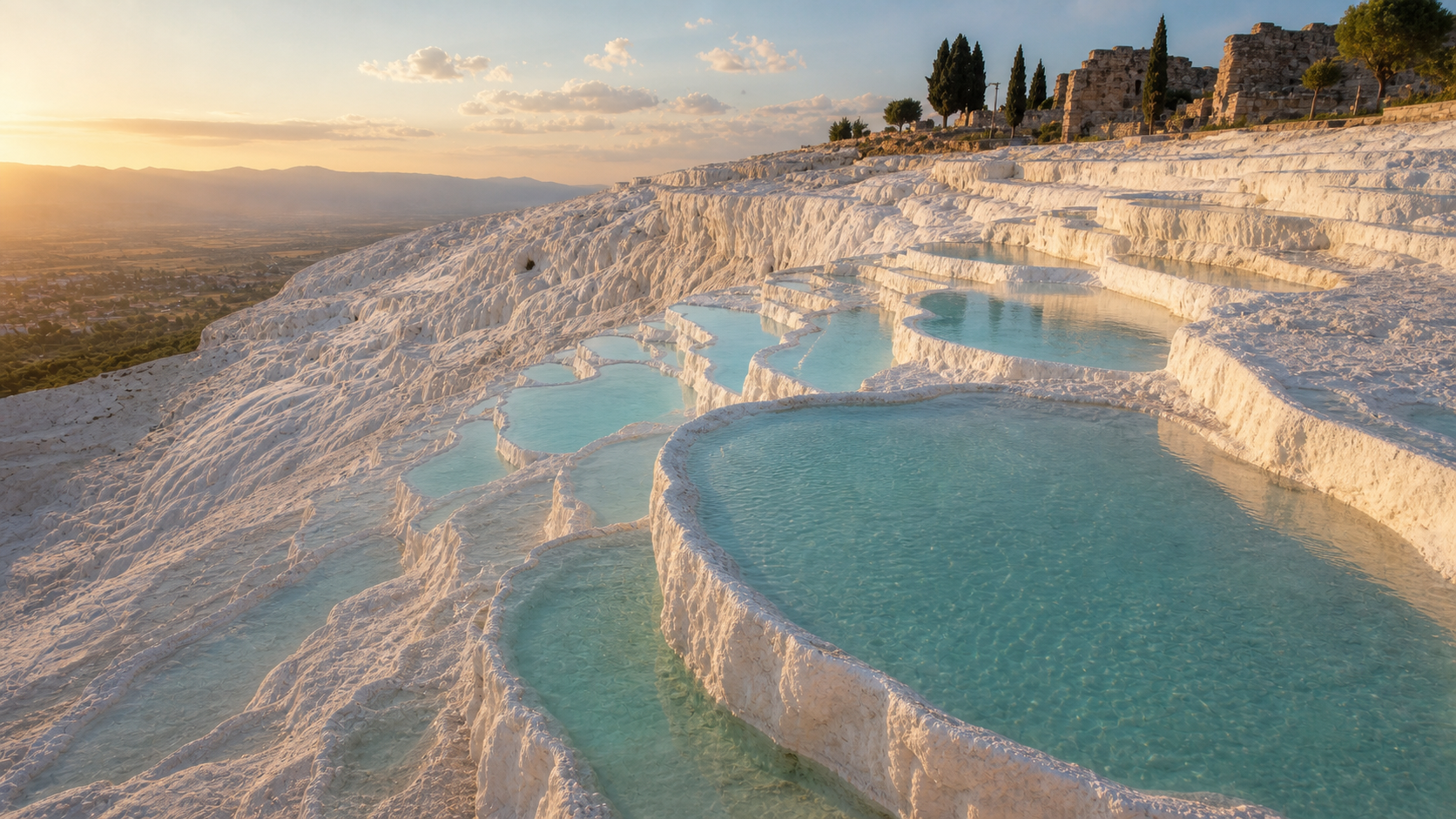 Pamukkale's white terraces are built by mineral-rich thermal water