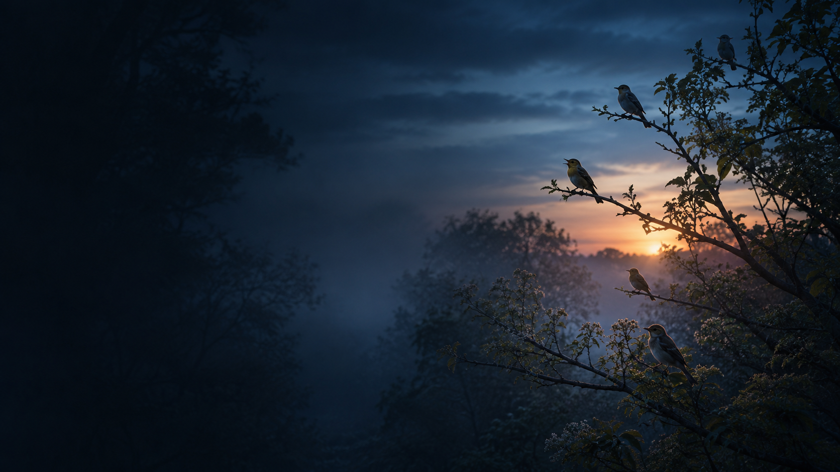 Misty dawn forest with small songbirds perched on branches before sunrise