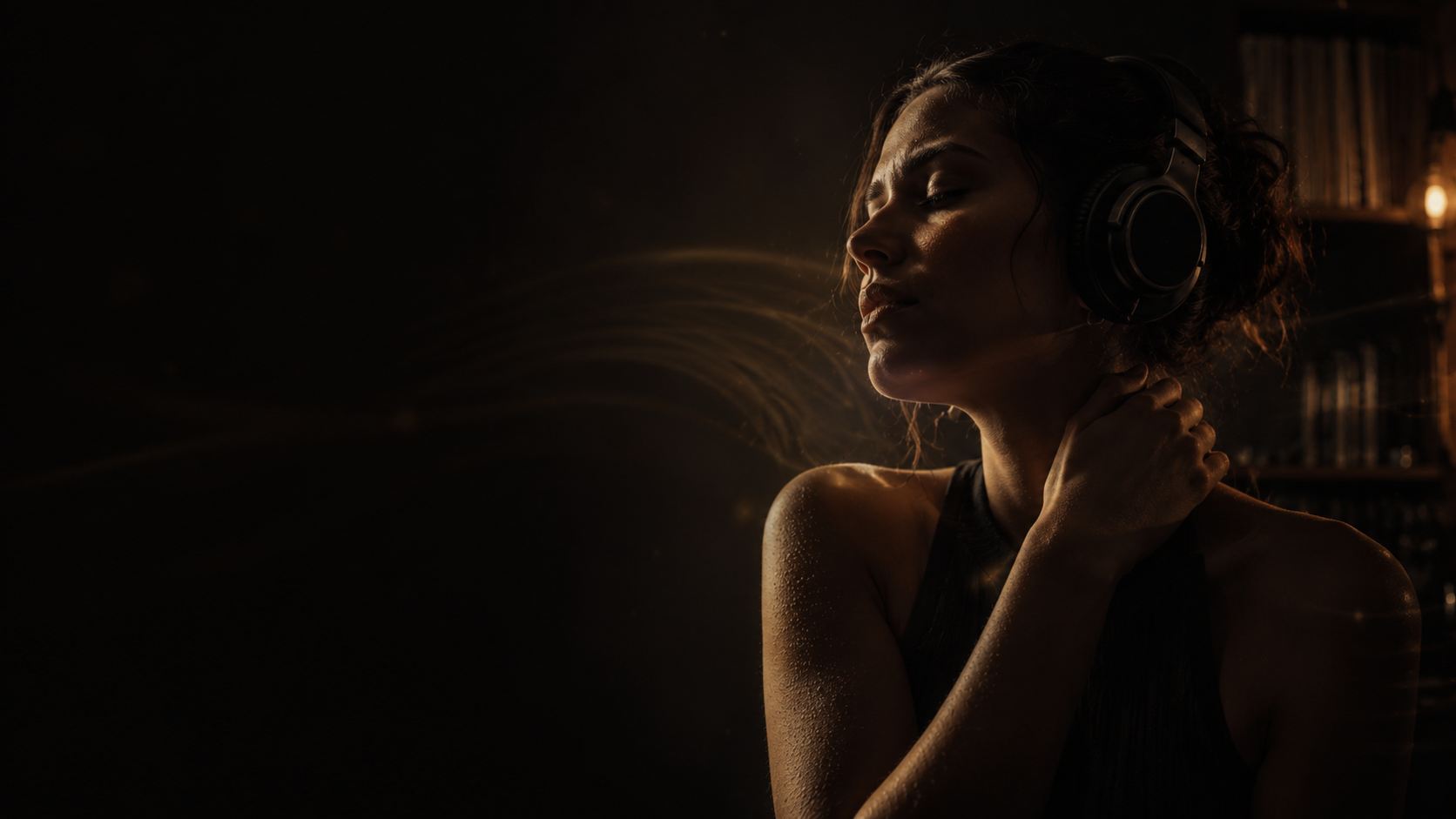 A person listening to music in a moody room with soft light and emotional atmosphere