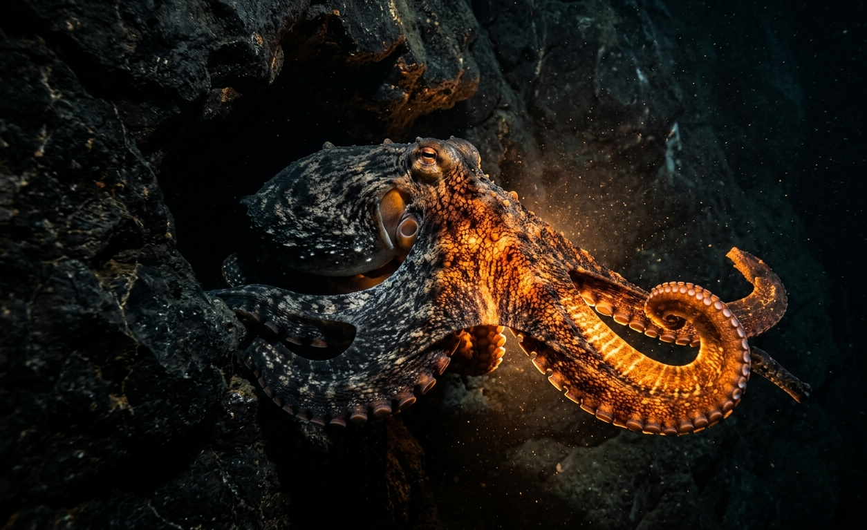 An octopus shifting from mottled brown to bright patterned color on a reef
