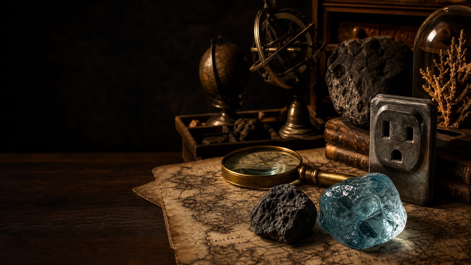 A research desk with blue ice, volcanic rock, an old map, and curious objects
