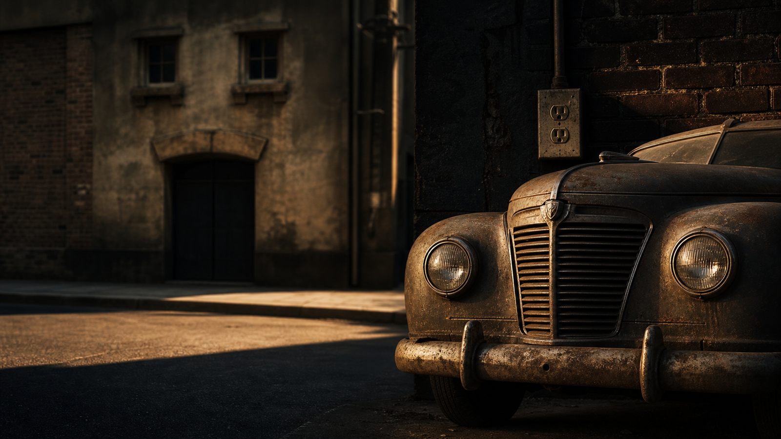 An old car, wall outlet, and building facade whose shapes subtly resemble faces