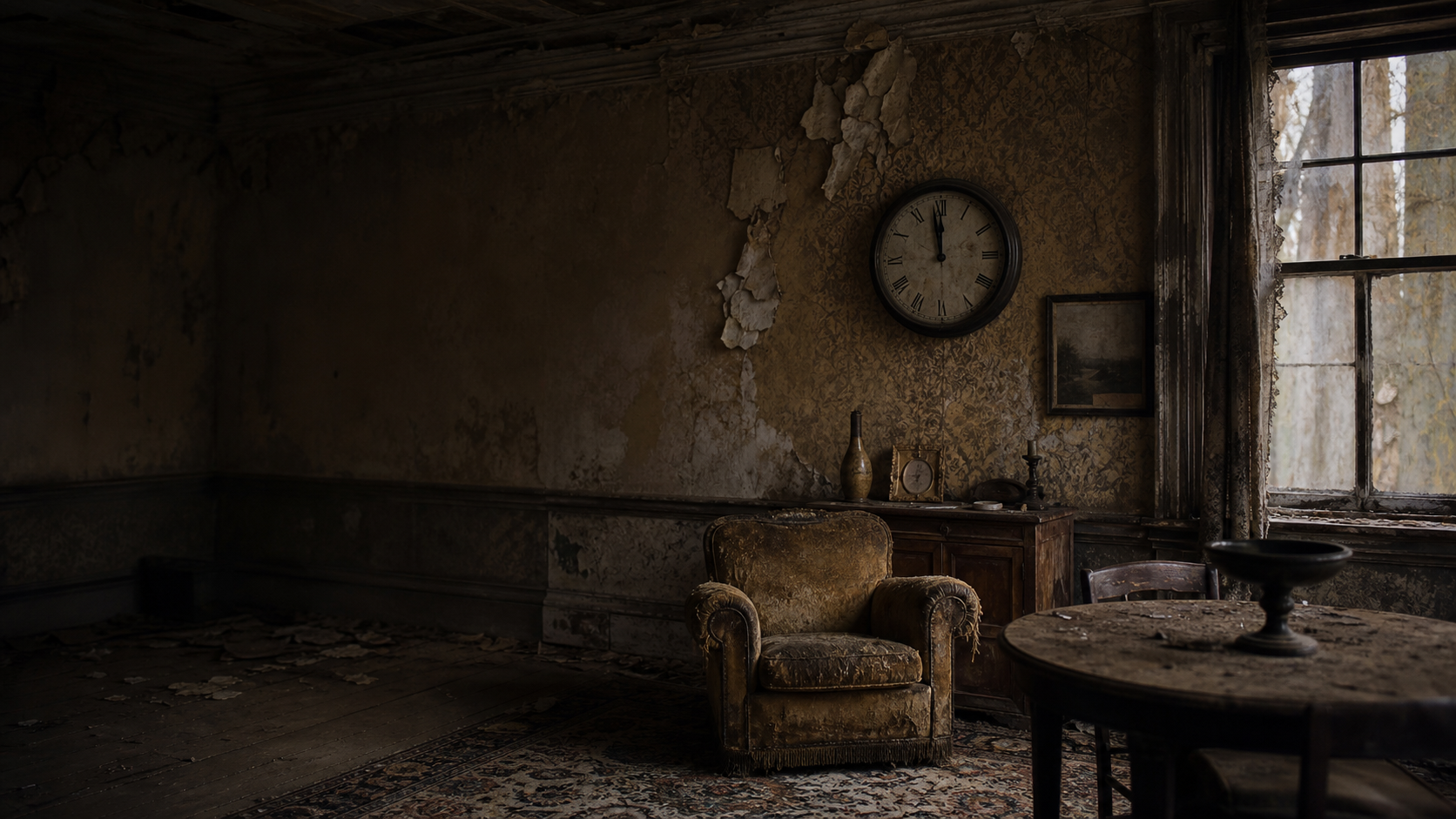 Abandoned room with old furniture and a stopped clock