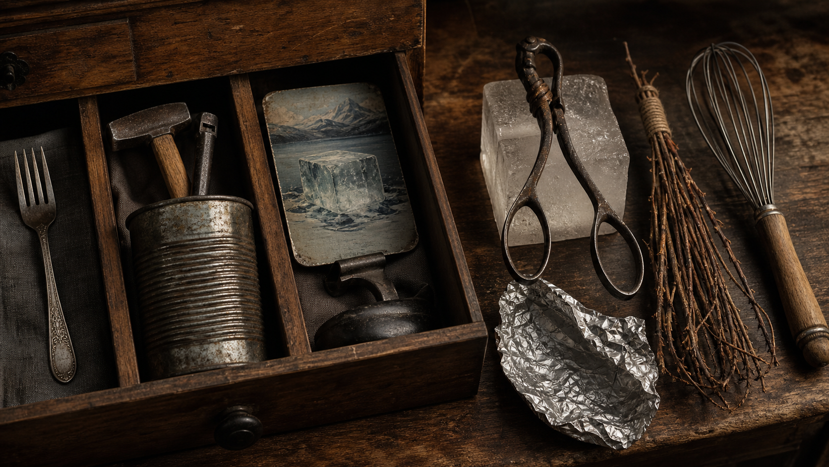 Antique kitchen objects including a fork, tin can, ice tongs, twig whisk, and foil on a dark counter