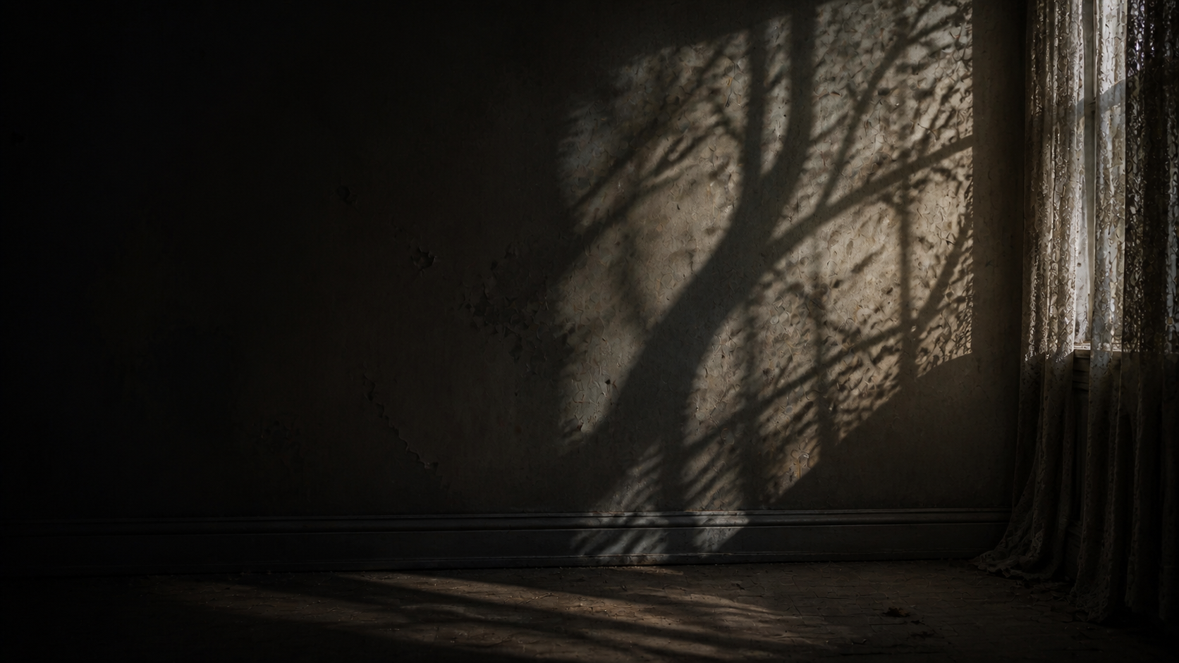 Irregular shadows stretching across a dim wall at night