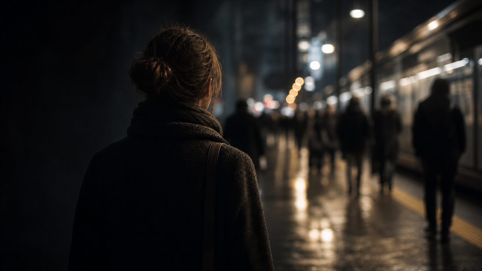 Blurred anonymous strangers in a public transit space at night