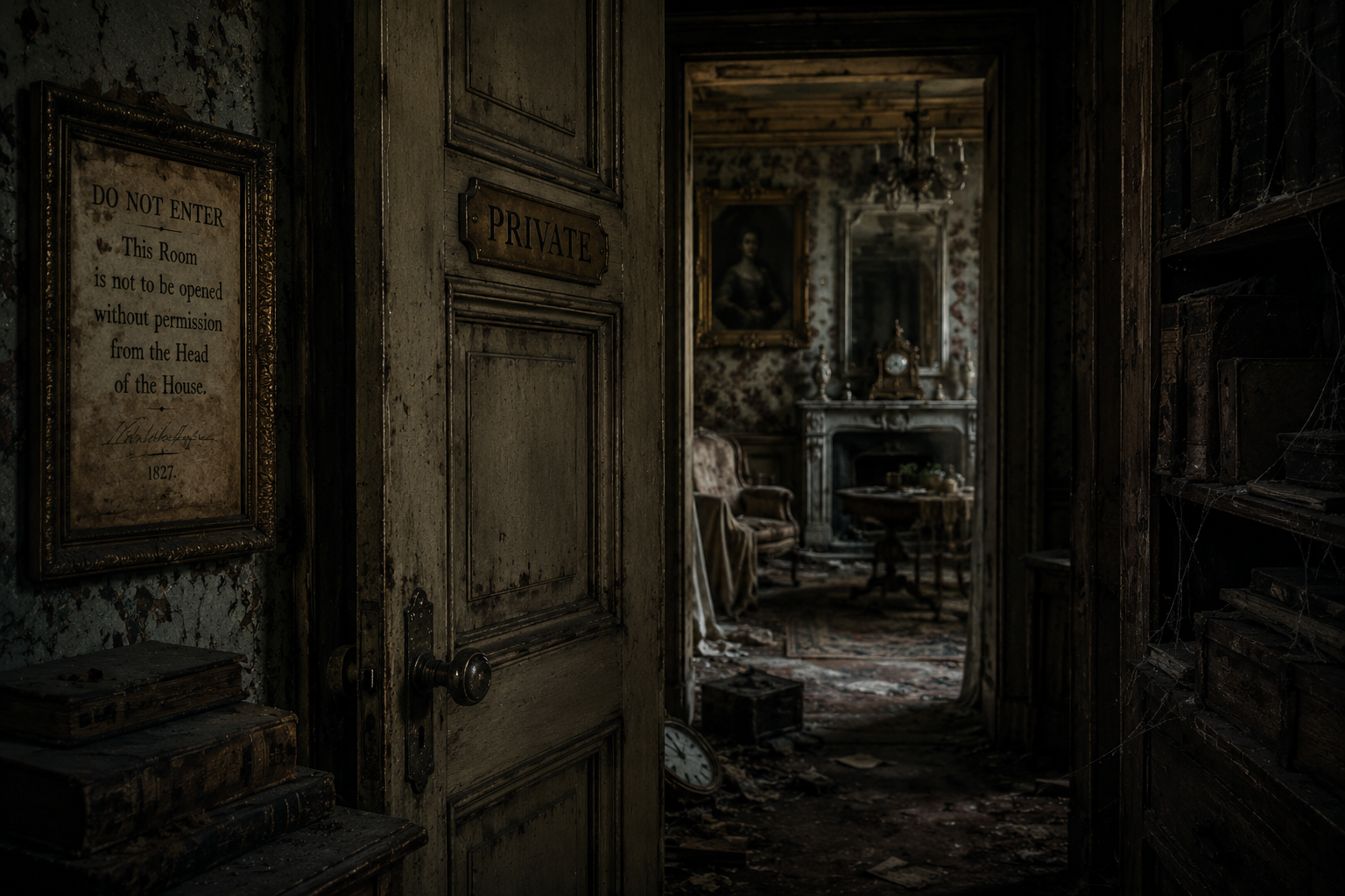 A dark antique locked room with old furniture, dust, and a mysterious closed door