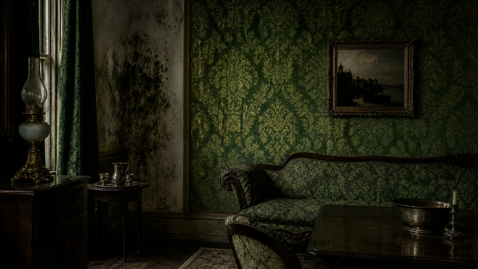 A dim Victorian room with ornate green wallpaper and subtle damp staining in the corner