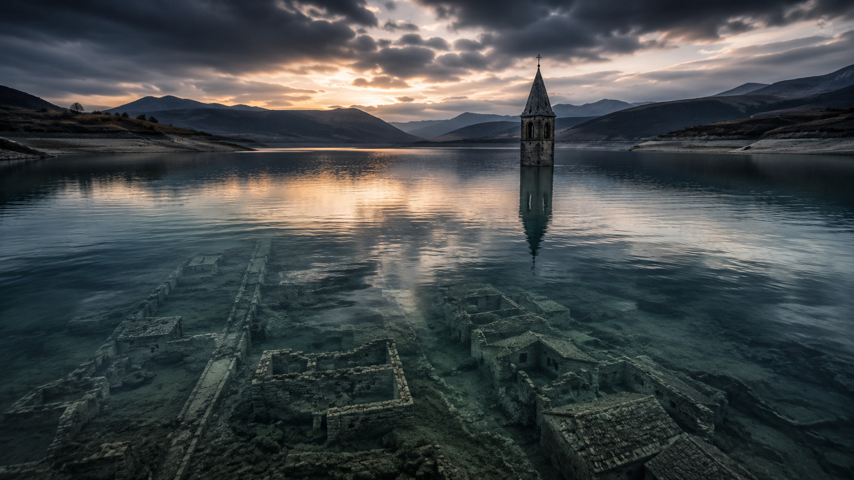 A quiet reservoir with the ruins of a submerged town visible beneath the water