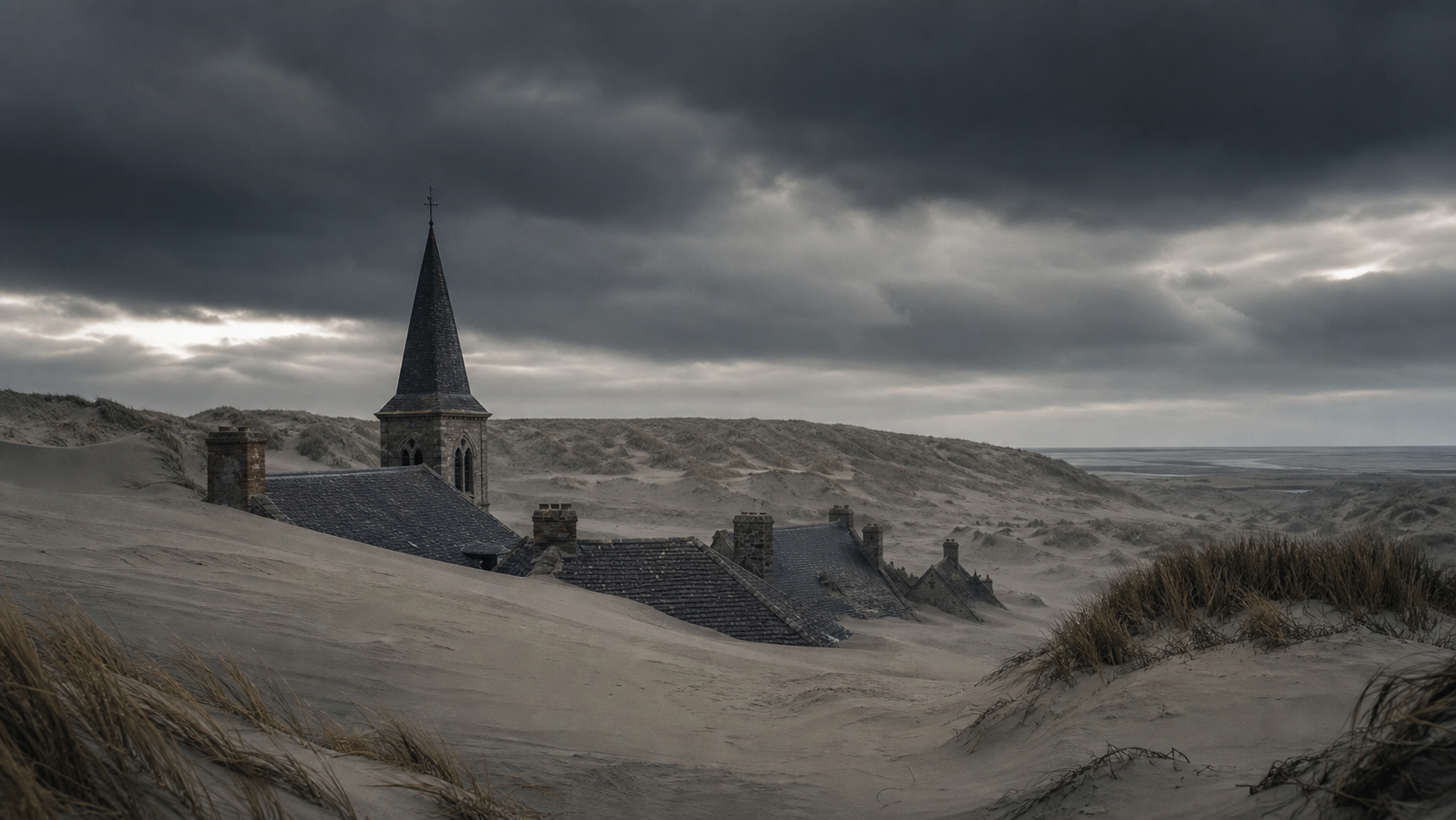 A partially buried church tower and village rooflines emerging from pale coastal sand dunes