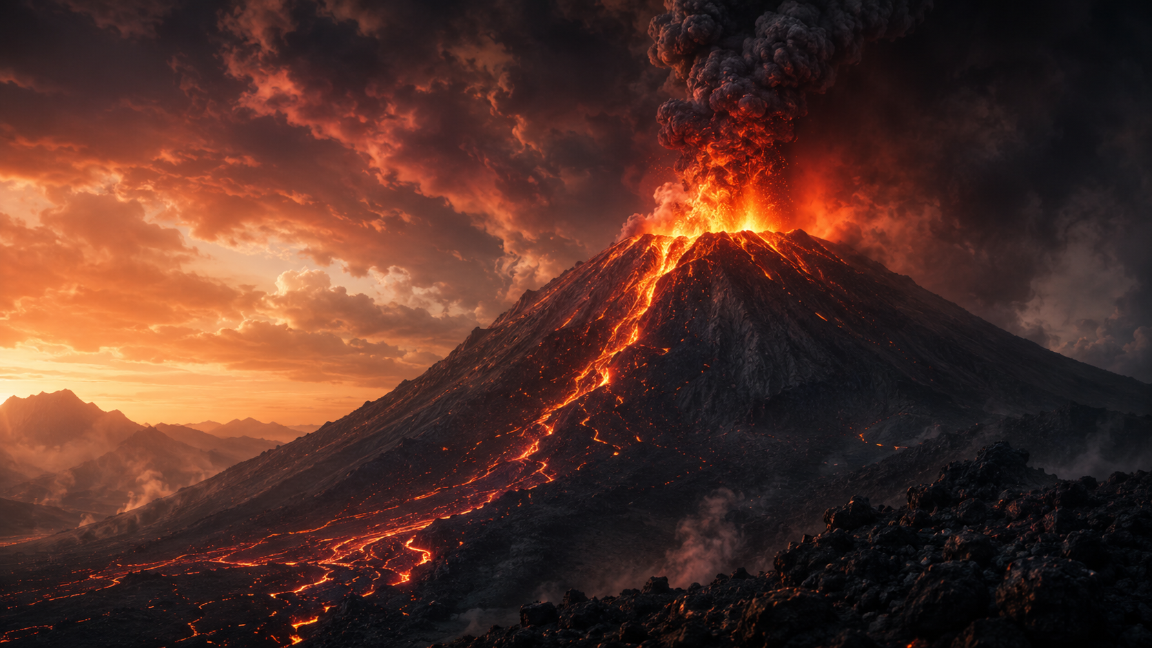 Dark cinematic volcano landscape with glowing lava, smoke, and pressure building before an eruption