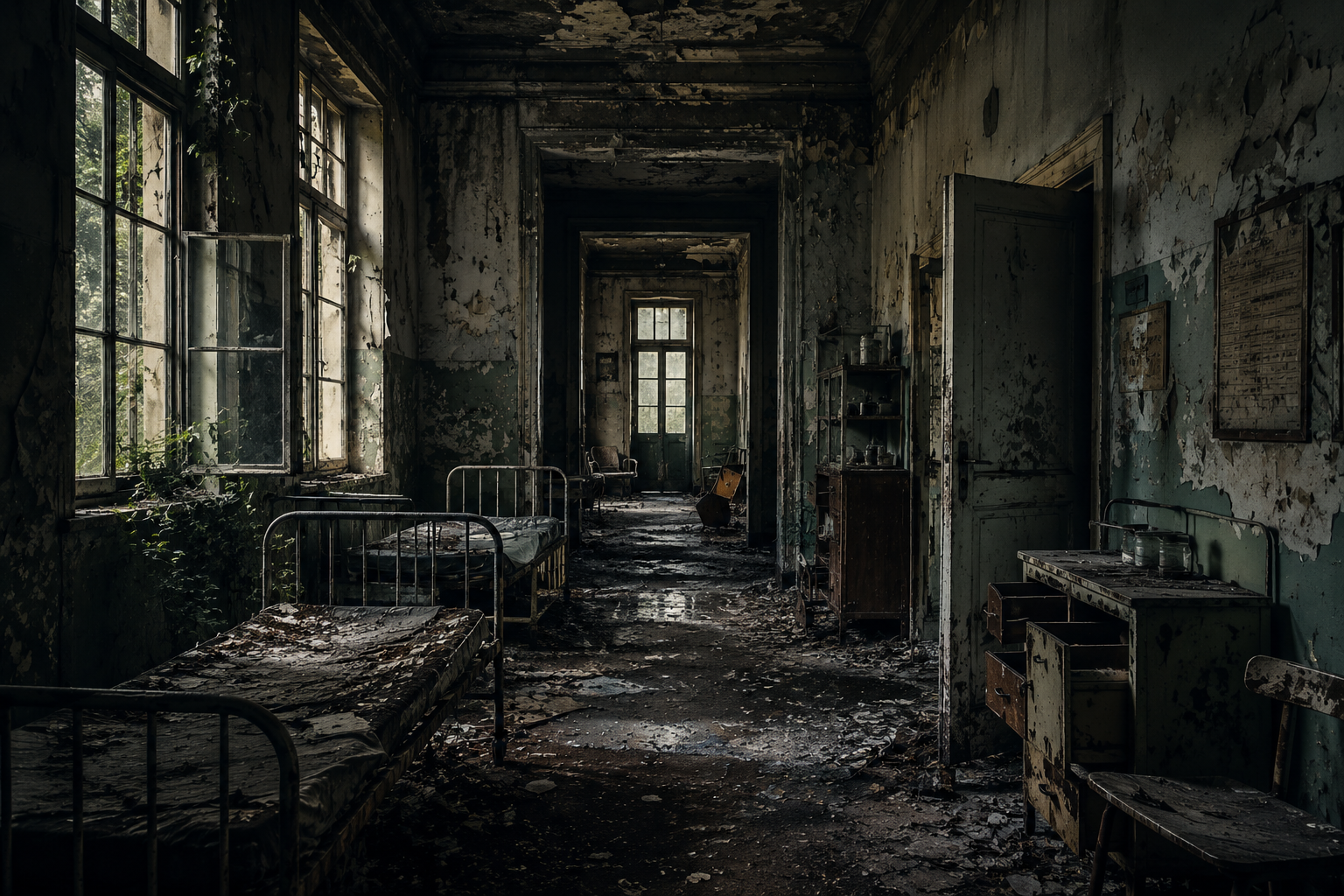 A dark abandoned room with old furniture, peeling paint, and unsettling silence