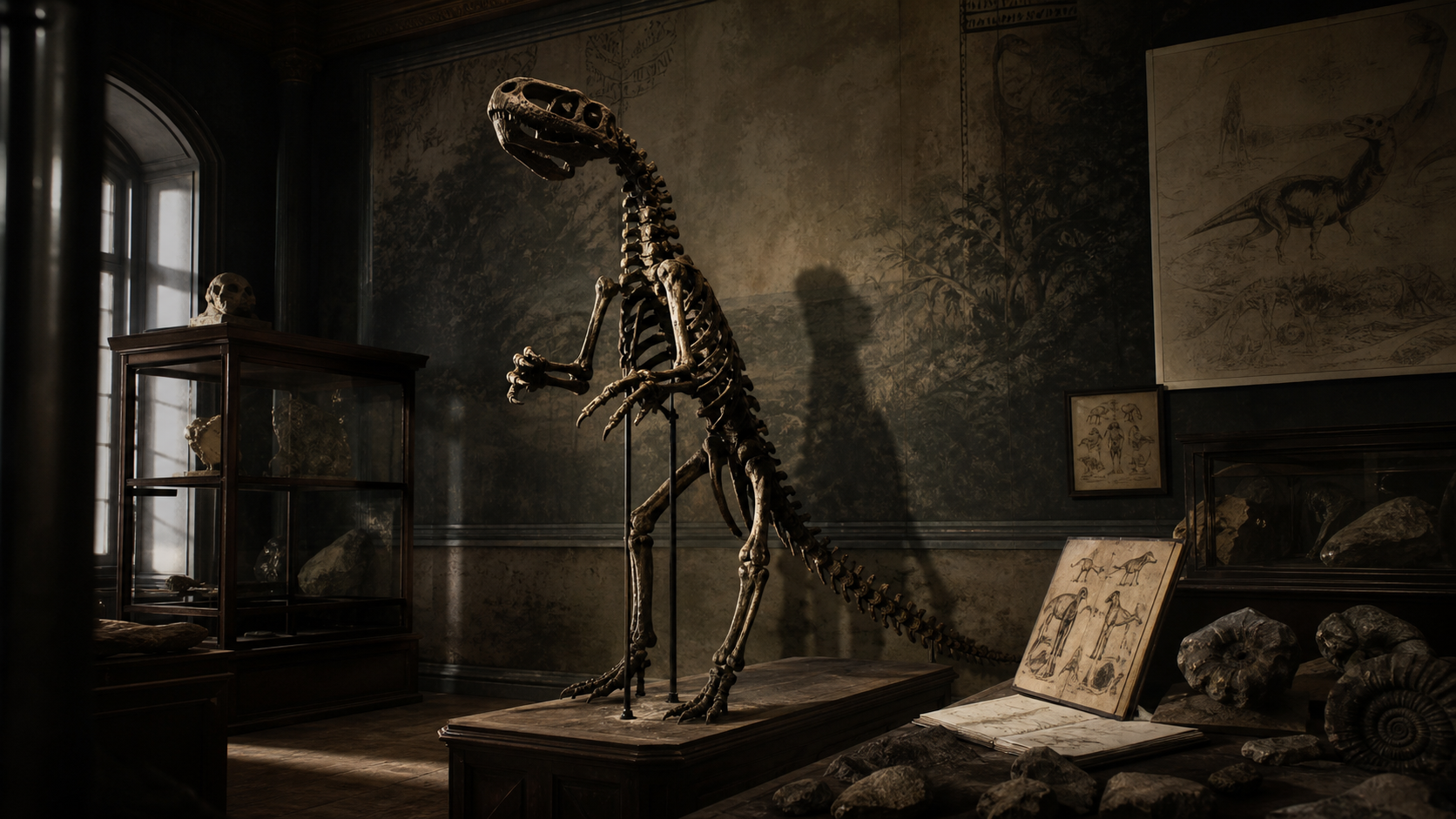 An old natural history museum hall with an outdated upright dinosaur skeleton mount in dramatic shadows