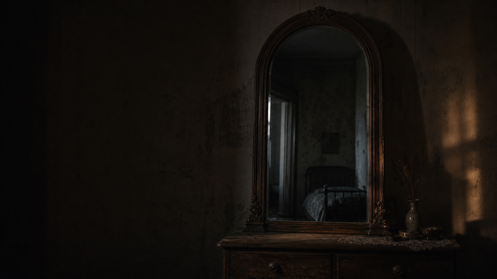 Old mirror in a dark room reflecting a shadowy interior