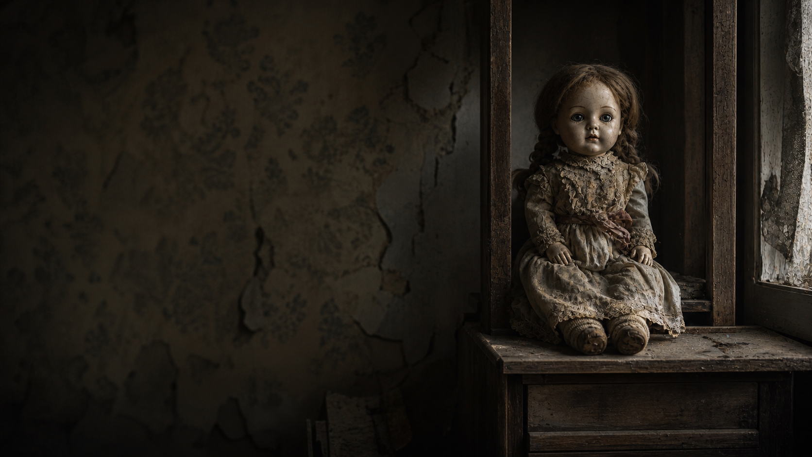 Antique porcelain doll with glass eyes sitting alone in a dim old room