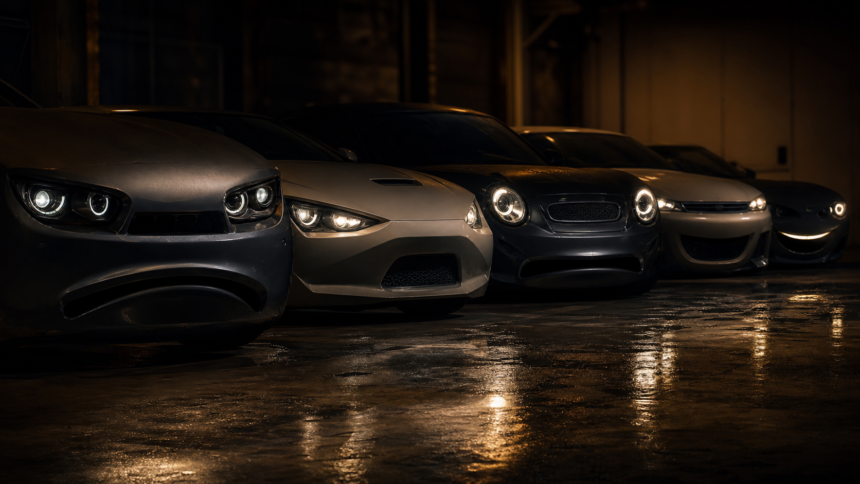 Car front ends in a dim garage with headlights and grilles resembling different facial expressions