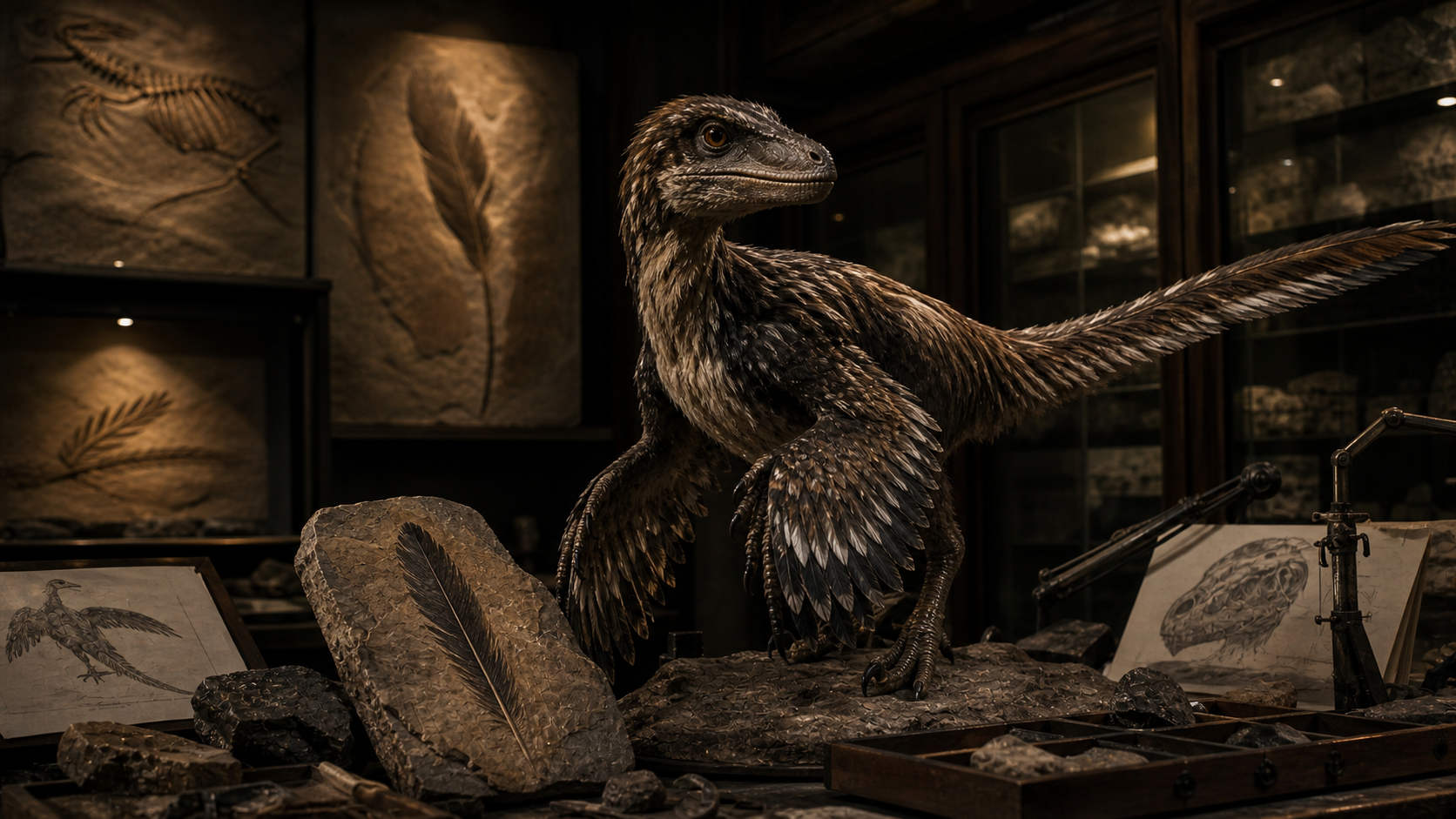 A feathered dinosaur reconstruction beside fossil slabs and scientific sketches in a dim museum lab