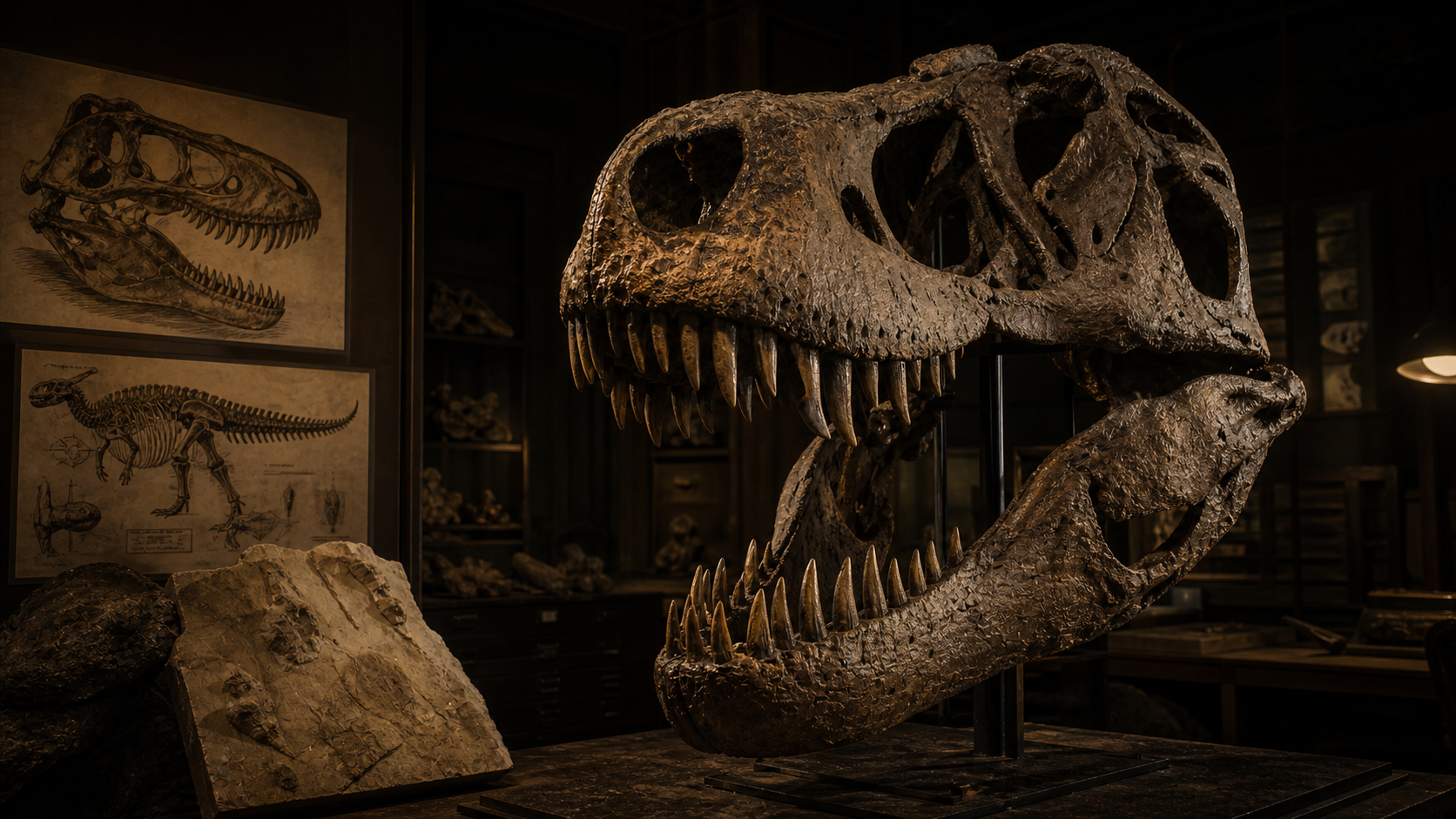 A massive Tyrannosaurus rex skull reconstruction in a dark museum lab with thick teeth and fossil bite marks