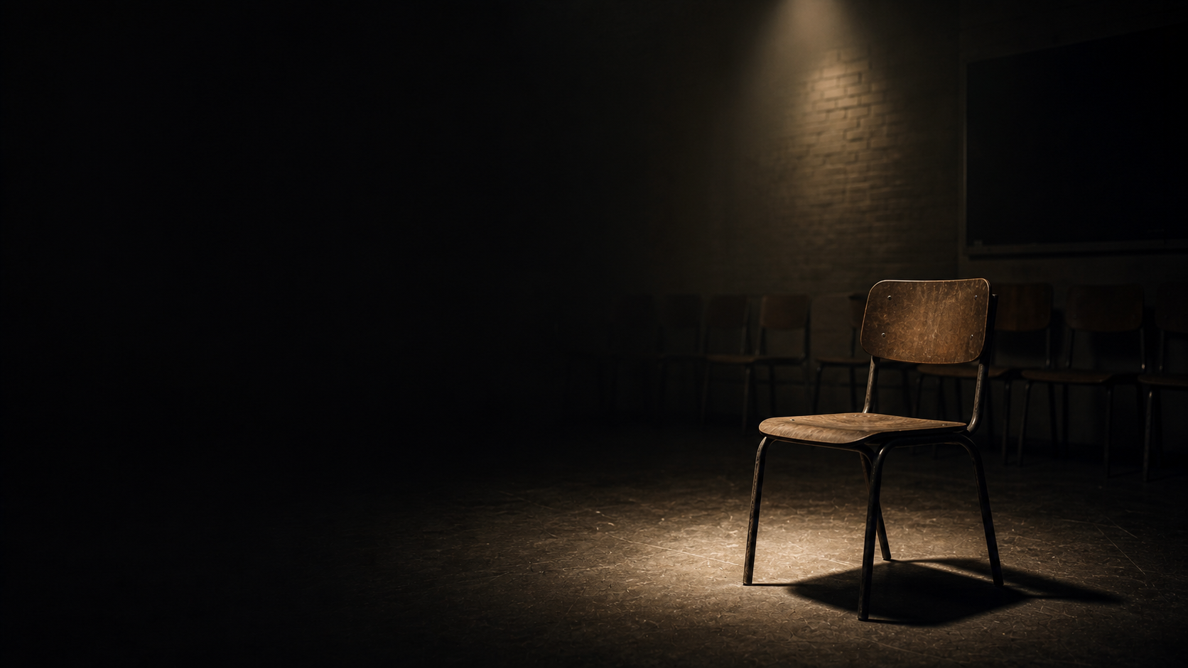 Empty chair in a dim room under a soft spotlight suggesting social embarrassment